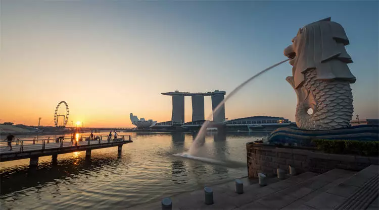 Uitzicht vanaf Merlion op het Singapore Flyer reuzenrad